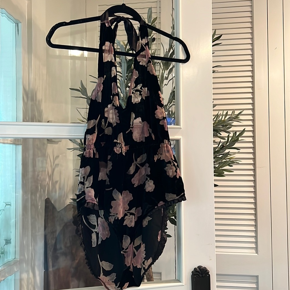 Open Back Velvet  Floral Print Mesh one piece Onesie Lingerie Bodysuit Halter